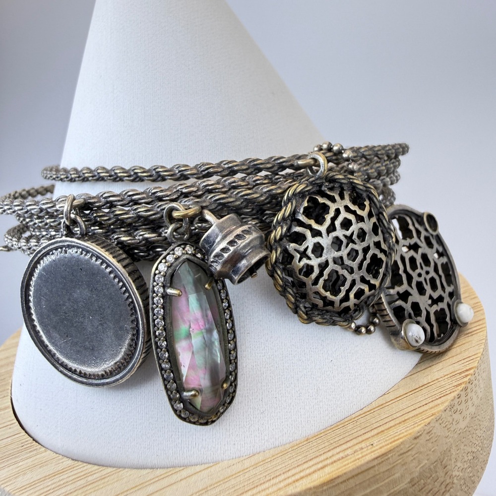 Kendra Scott Antique Silver Tone Twisted Rope Bangle Bracelet Set with Charms